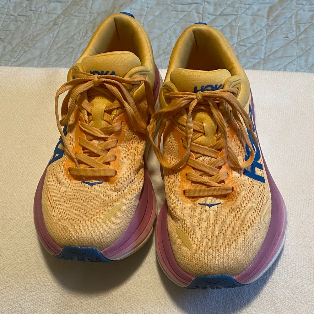 Hoka Women's Yellow & Pink Athletic Running Shoes with Blue Logo